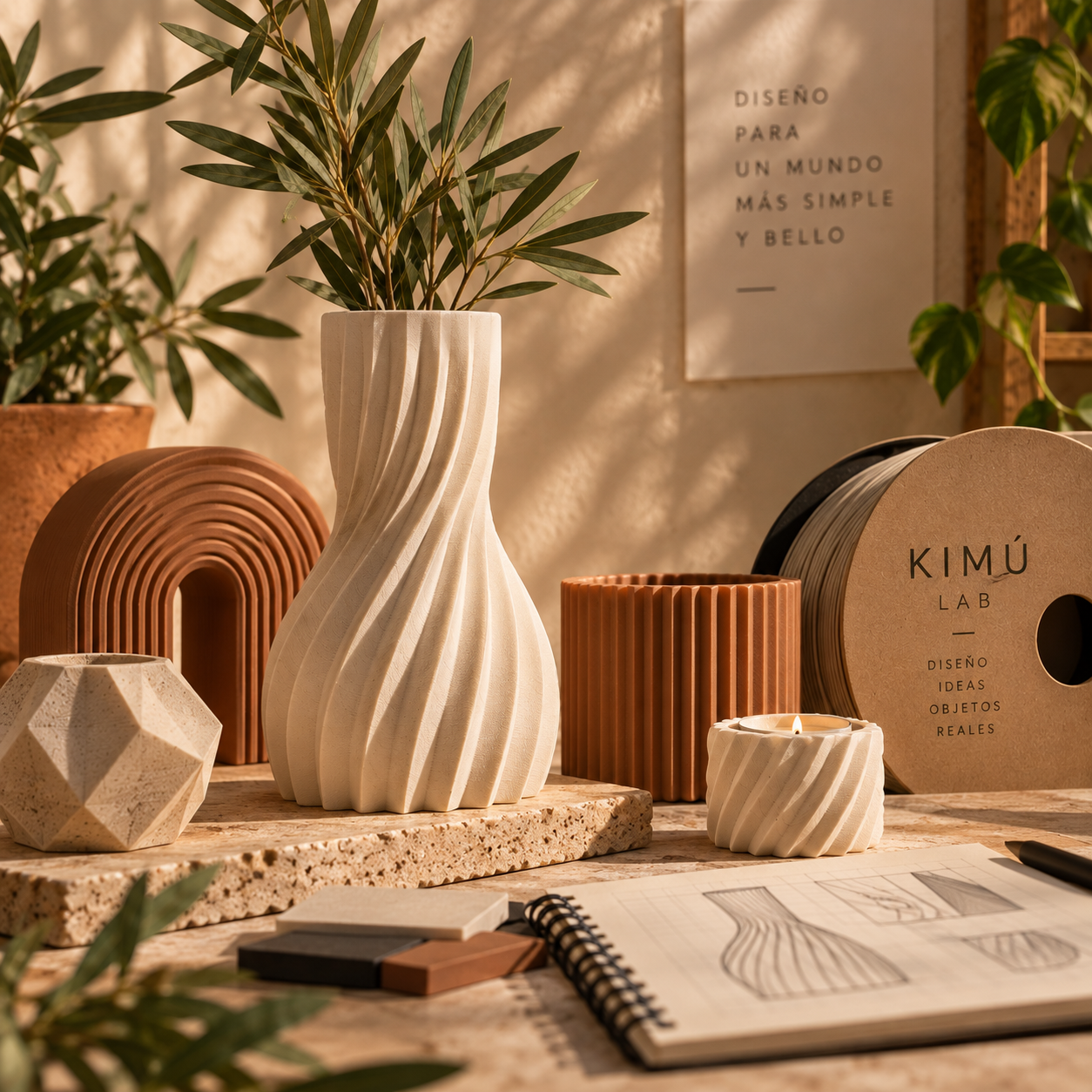 Piezas impresas en 3D, filamento y bocetos de Kimu Lab