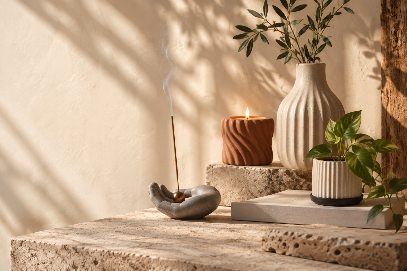 Objetos escultóricos y plantas sobre piedra, iluminados por luz natural cálida